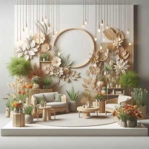 3D image in loft style on a light gray background on the theme of FLOWERS AND PLANTS ON THE exhibitional STAND FLOWERS AND PLANTS ON THE STAND: SECRETS OF IMPRESSIVE DESIGN